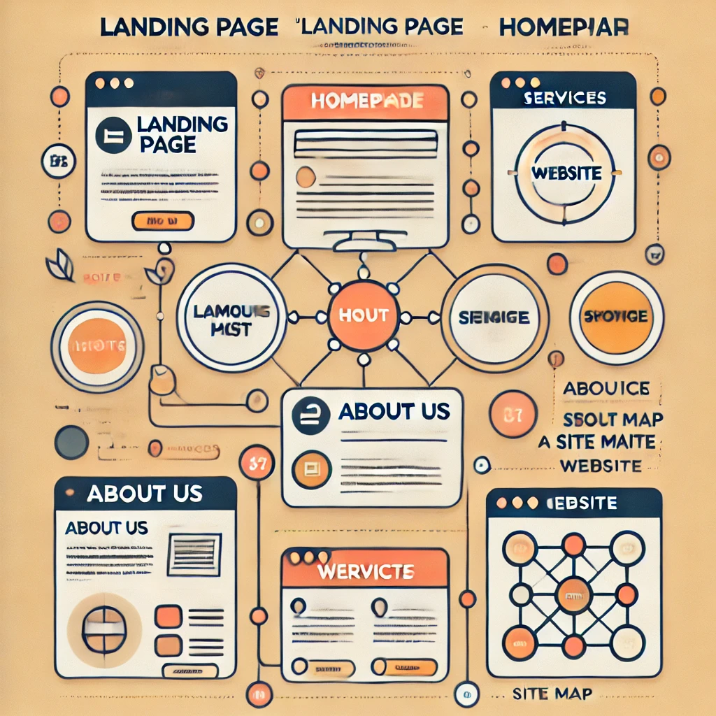DALL·E 2025-01-06 13.15.59 - An infographic-style image visually explaining the differences between a landing page, a homepage, and a website. The image should have three distinct