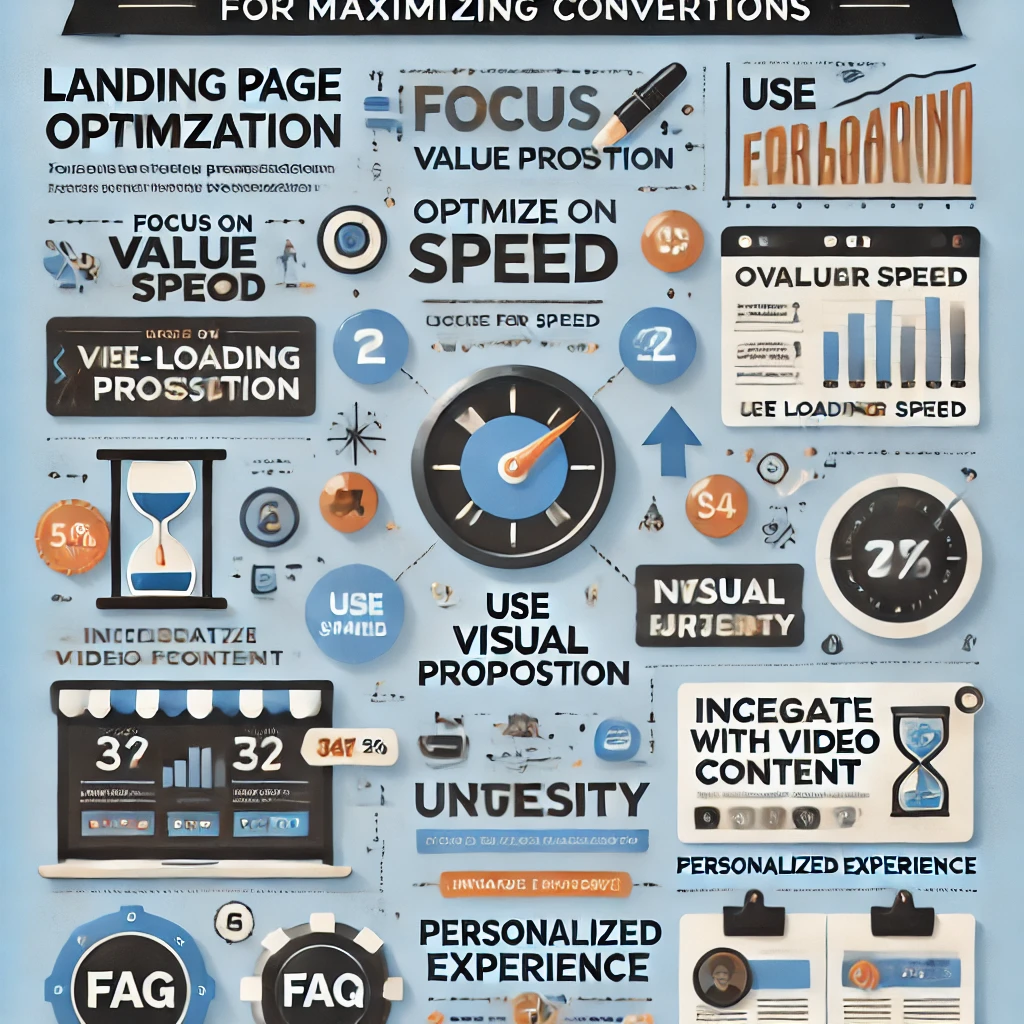 DALL·E 2025-01-06 17.05.44 - An infographic displaying landing page optimization tips for maximizing conversions. The layout includes seven sections with clear visuals_ (1) 'Focus