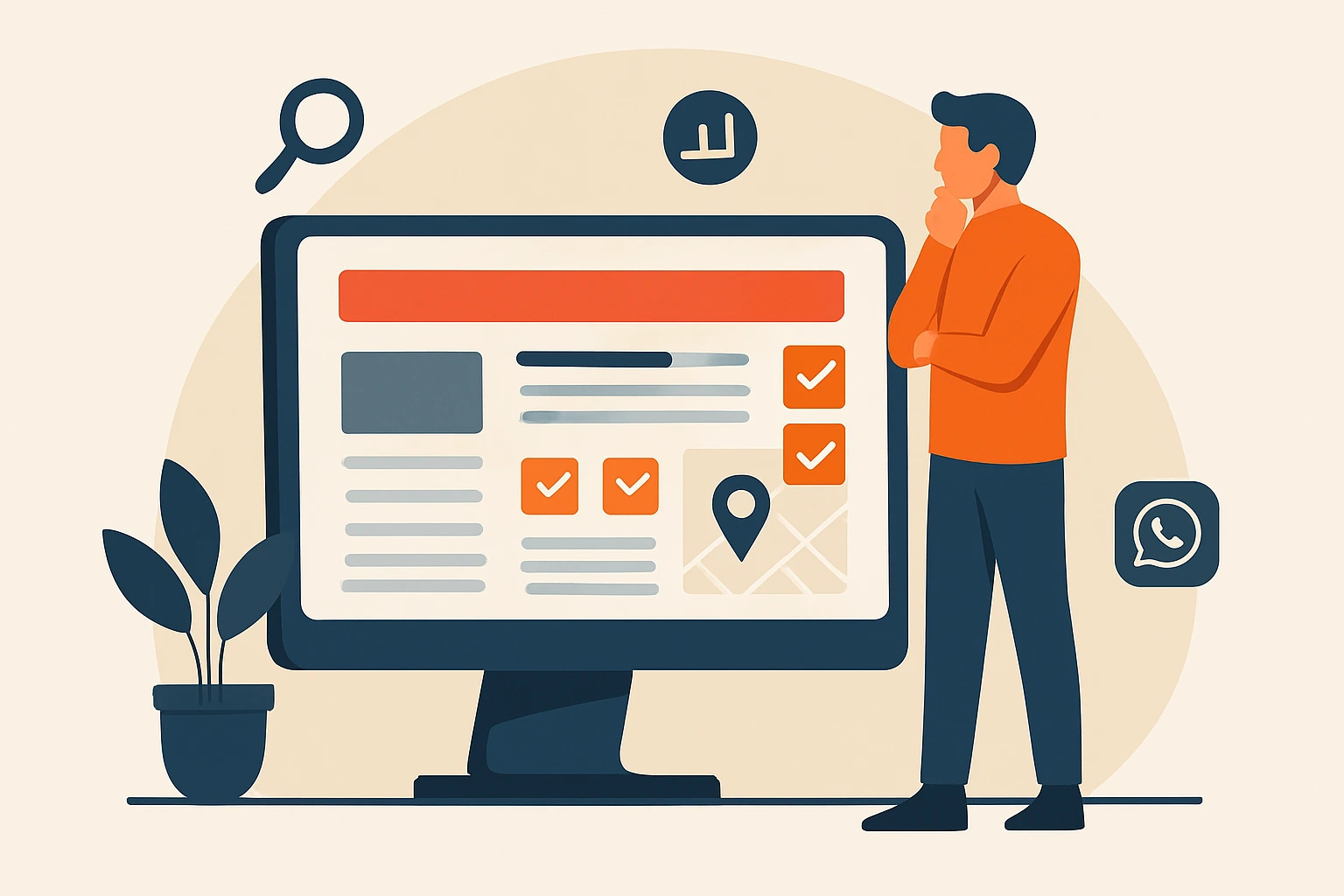 A flat-style digital illustration depicting a professional website designer working on a laptop with modern UI elements, representing web design services in Madurai.